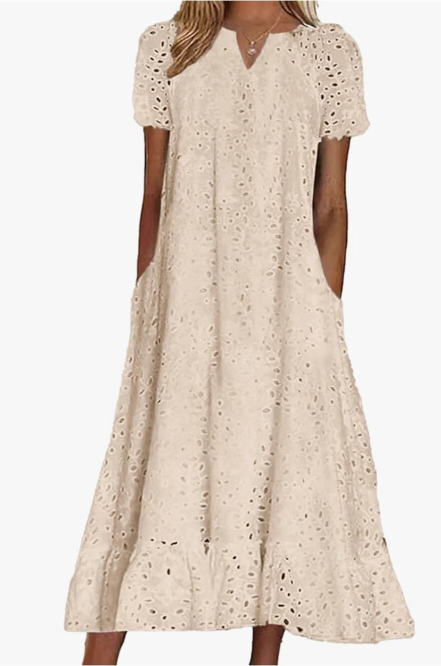 Summer Ruffle Hem Floral Lace Eyelet Dress Casual Notch Neck Midi Tunic Dress